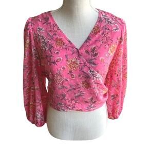 NWOT Joie Floral Faux Wrap Cropped Long Sleeve Top Pink Small